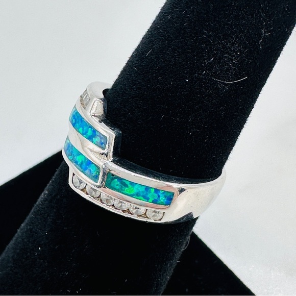 Sterling Silver Ring Created Opal CZ Accent Size 6 Crossover Blue Green 925 Mark - Picture 3 of 11